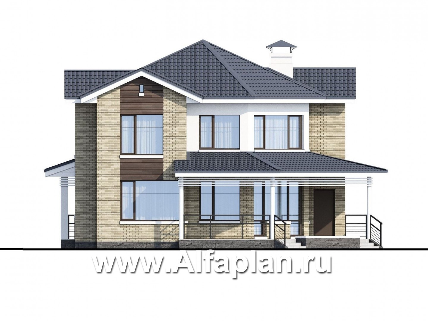Проекты домов Альфаплан - NotaBene - проект двухэтажного дома, с террасой и кабинетом, с оригинальным планом по диагонали - изображение фасада №2
