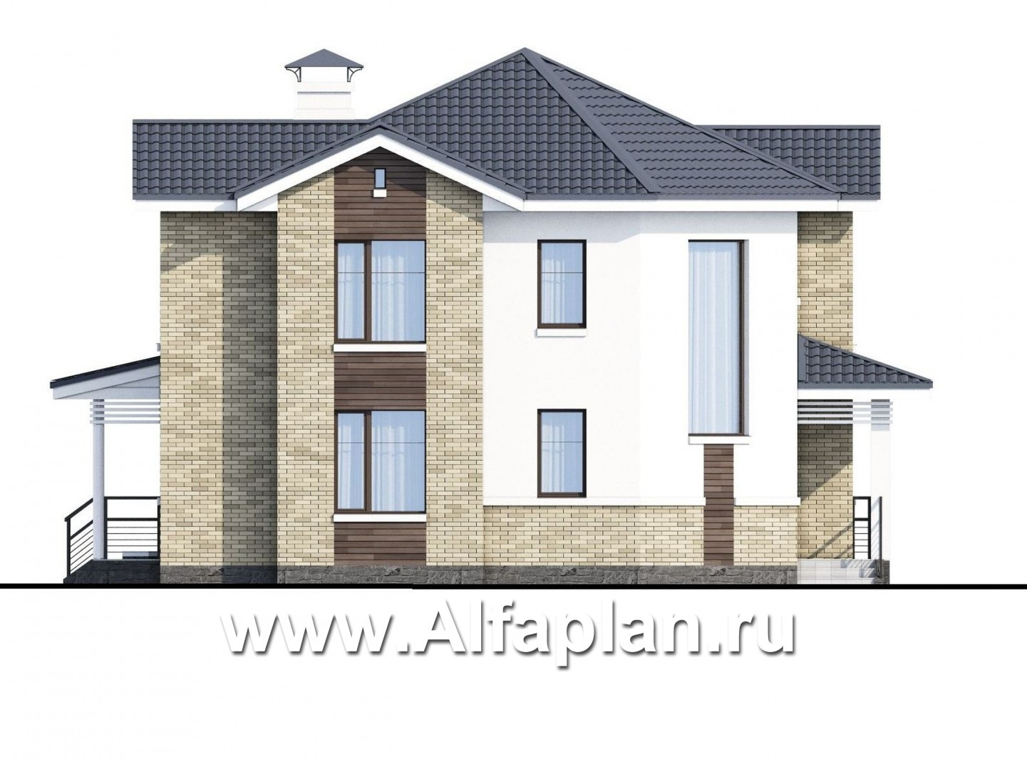 Проекты домов Альфаплан - NotaBene - проект двухэтажного дома, с террасой и кабинетом, с оригинальным планом по диагонали - изображение фасада №3