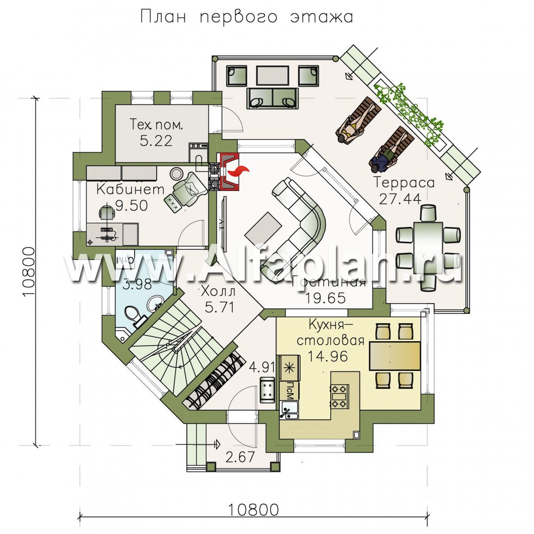 Проекты домов Альфаплан - NotaBene - проект двухэтажного дома, с террасой и кабинетом, с оригинальным планом по диагонали - план проекта №1