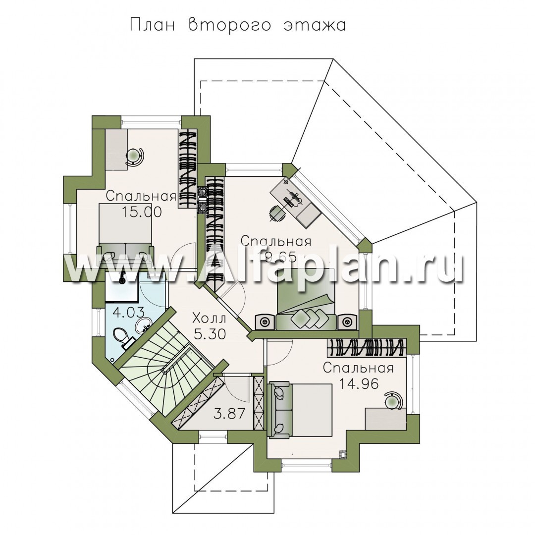 Проекты домов Альфаплан - NotaBene - проект двухэтажного дома, с террасой и кабинетом, с оригинальным планом по диагонали - план проекта №2