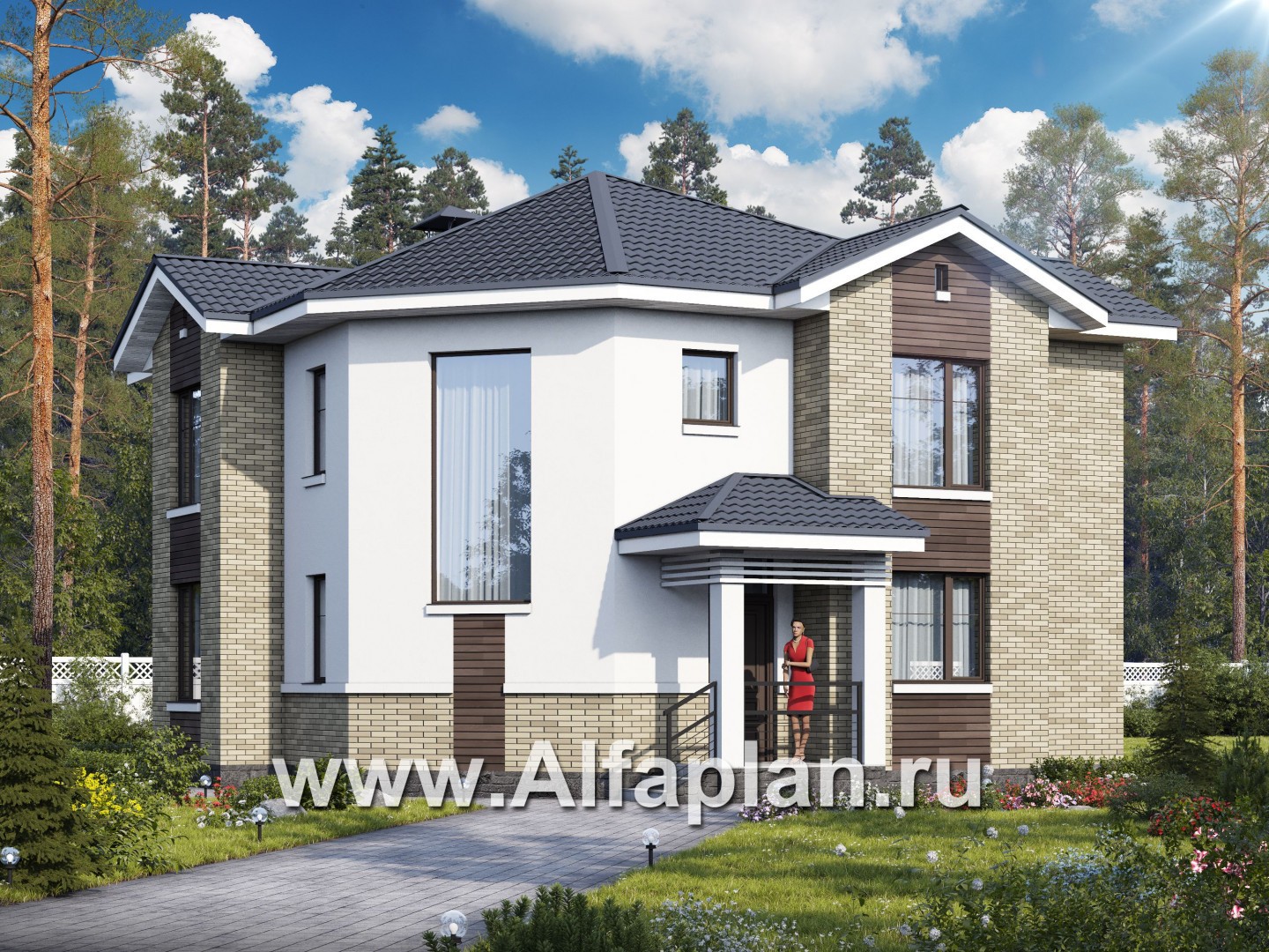 Проекты домов Альфаплан - NotaBene - проект двухэтажного дома, с террасой и кабинетом, с оригинальным планом по диагонали - основное изображение