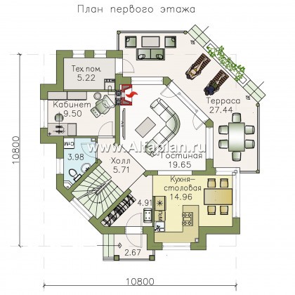 Проекты домов Альфаплан - NotaBene - проект двухэтажного дома, с террасой и кабинетом, с оригинальным планом по диагонали - превью плана проекта №1