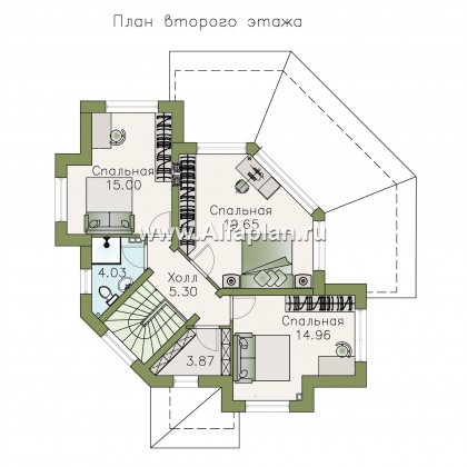 Проекты домов Альфаплан - NotaBene - проект двухэтажного дома, с террасой и кабинетом, с оригинальным планом по диагонали - превью плана проекта №2