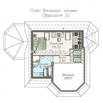 «Душечка» - проект дома с мансардой, планировка со вторым светом в гостиной, с террасой сбоку - превью план дома