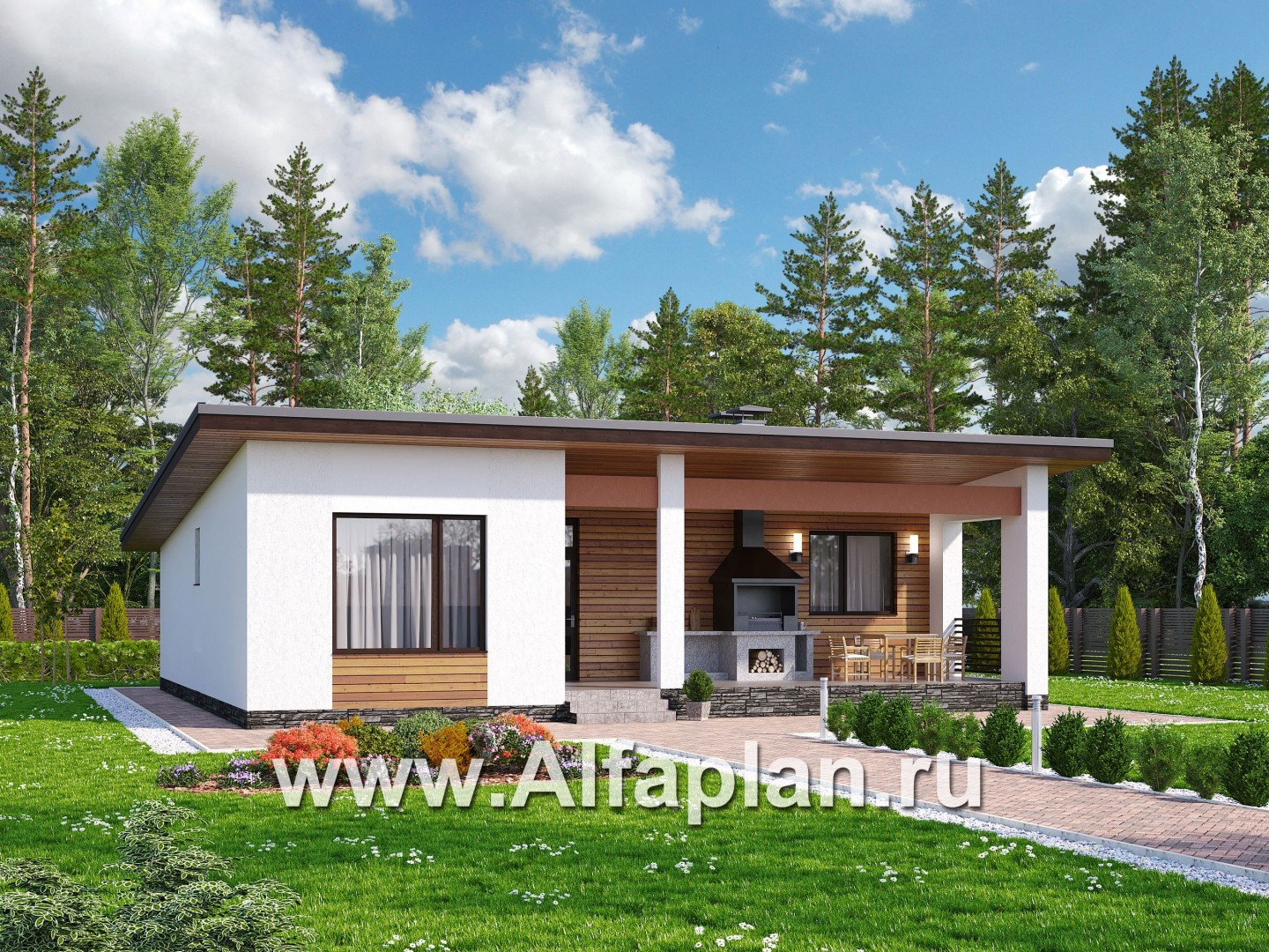 Проекты домов Альфаплан - «Зита» -  проект одноэтажного дома, с террасой, в скандинавском стиле - дополнительное изображение №1
