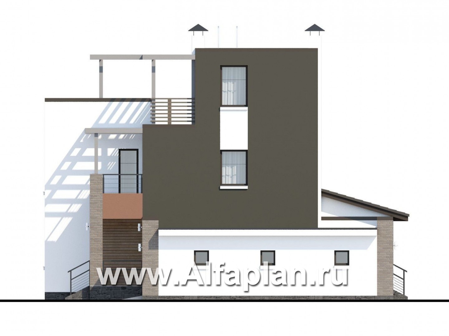 Проекты домов Альфаплан - «Рефлекс» - комфортабельный коттедж с эксплуатируемой кровлей - изображение фасада №2