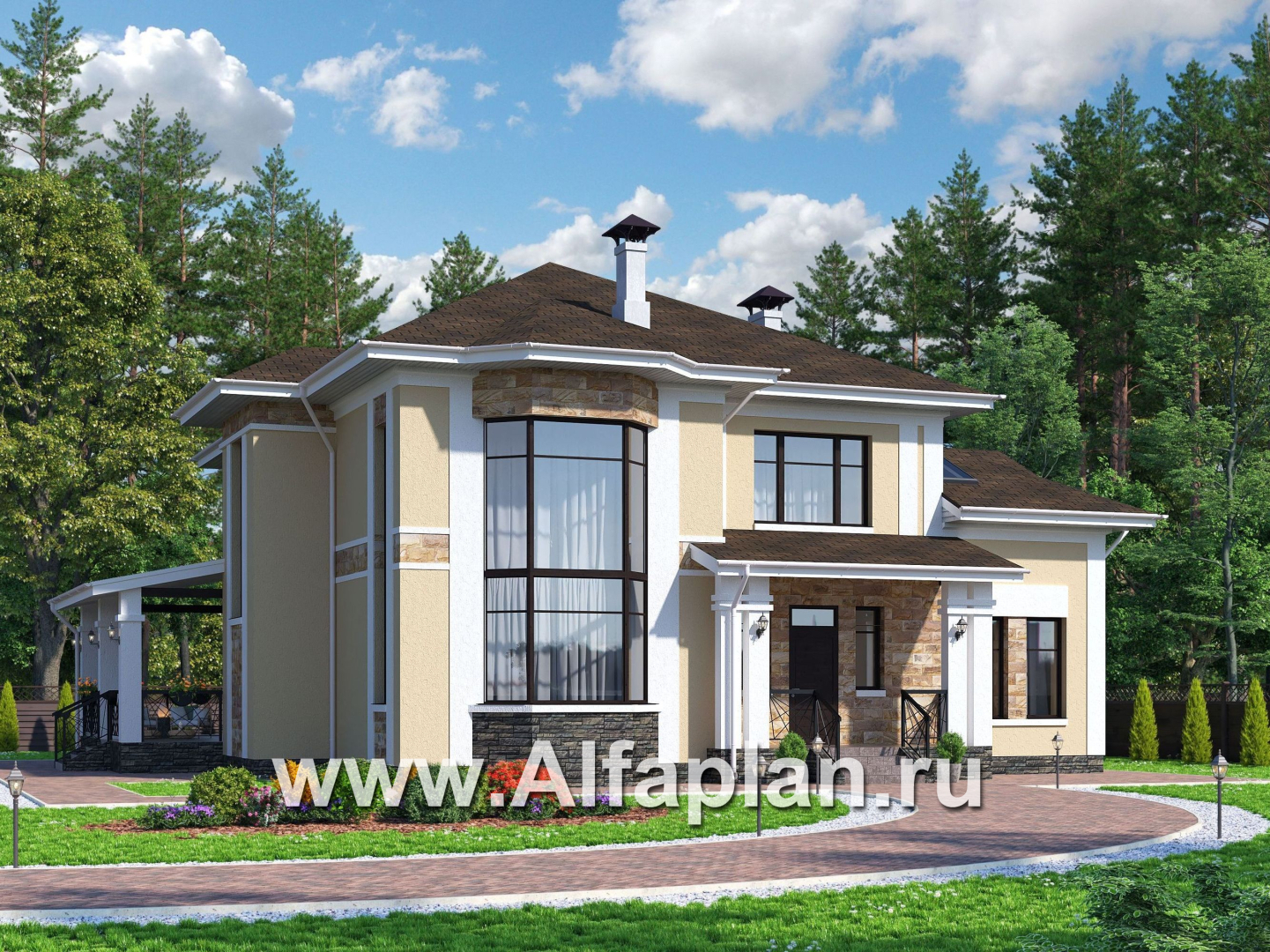 Проекты домов Альфаплан - Особняк с двусветным эркером гостиной - основное изображение